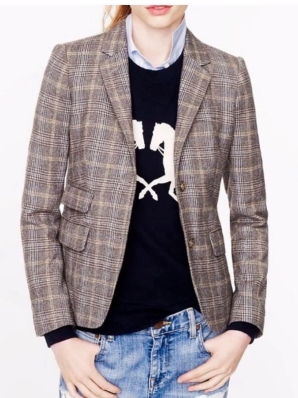 J. Crew Schoolboy Blazer in Glen Plaid Brown Wool Size 10